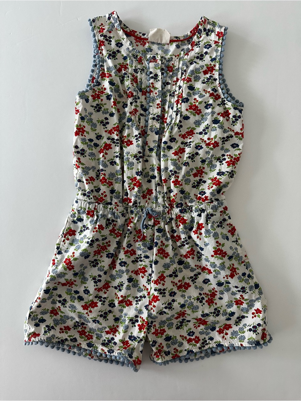 Mini Boden Girls Floral Romper Playsuit With Pom Pom Trim 7/8Y Spring Summer